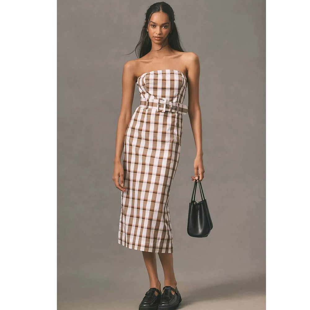 Anthropologie Strapless Midi Dress in Brown and White Gingham